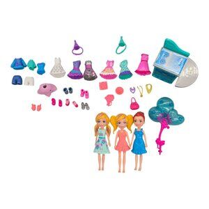 Polly Pocket Doll Set With Dresses Accessories & Play Pieces 3 Dolls 3.5” tall